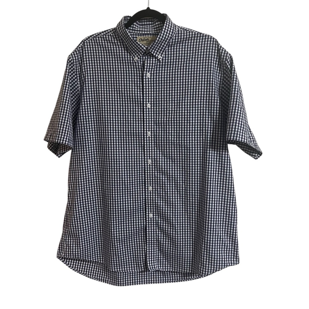 Orton Brothers Mens XL Blue White Mini Check Plaid Button Down Short Sleeve EUC